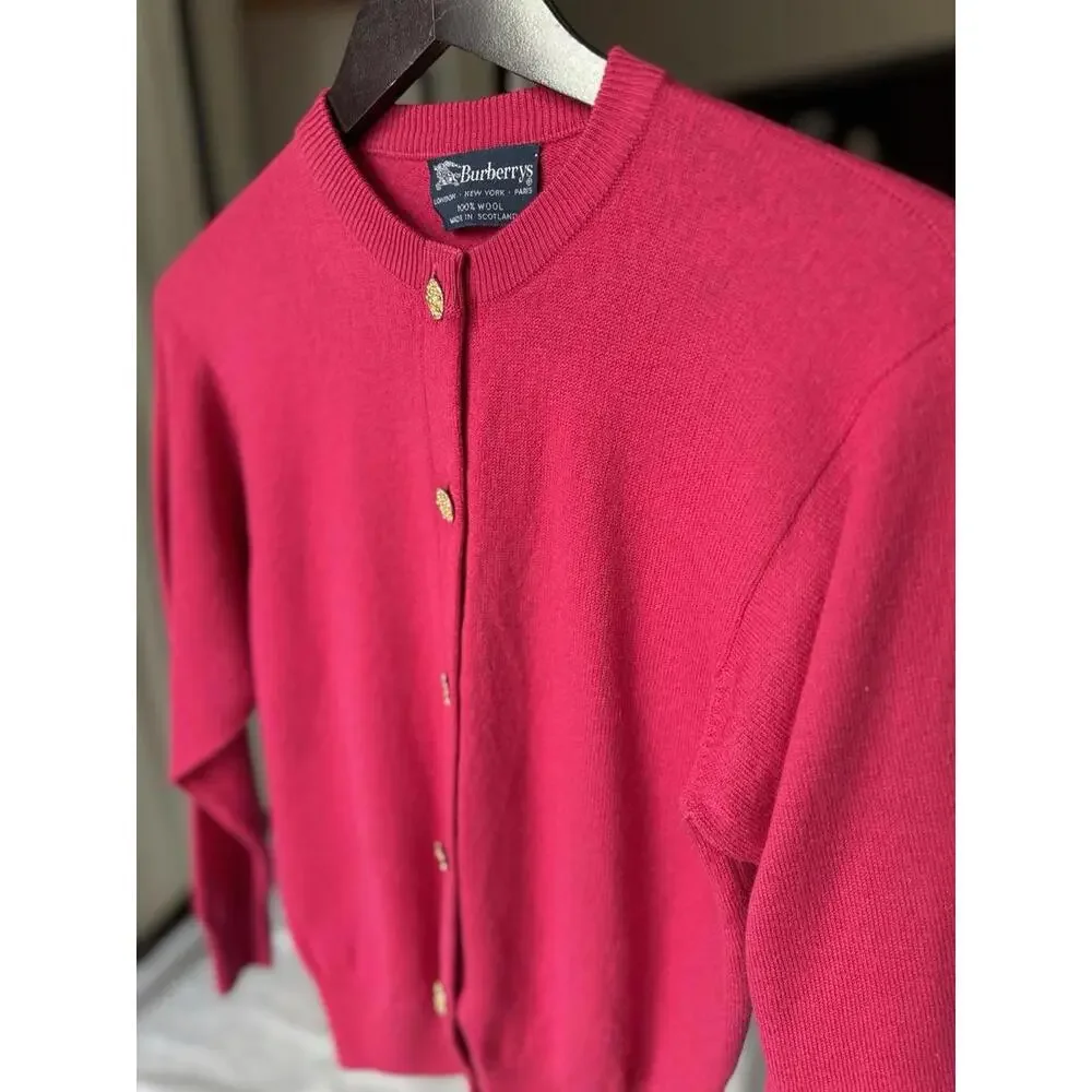 Burberry Sweater Vintage Cardigan 100% Wool Fuchsia Pink Sz Small - Picture 2 of 6